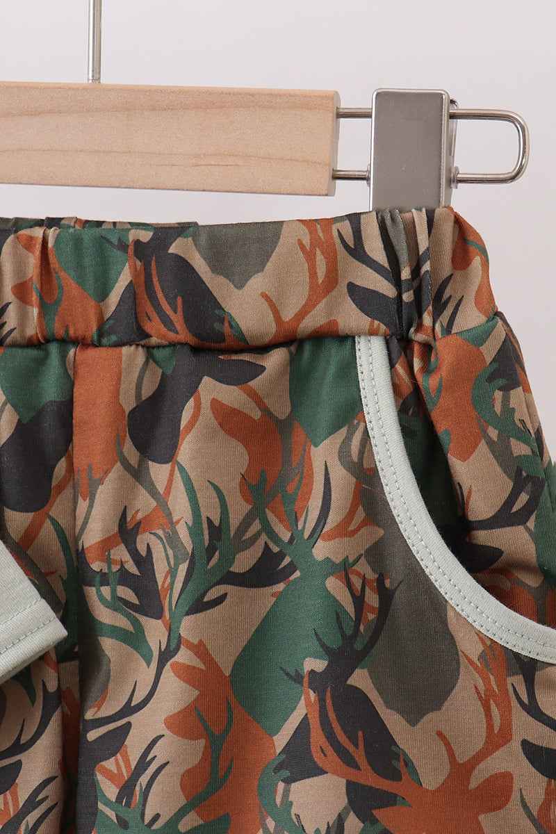 Camouflage deer antler embroidery shorts set - Abbies Place