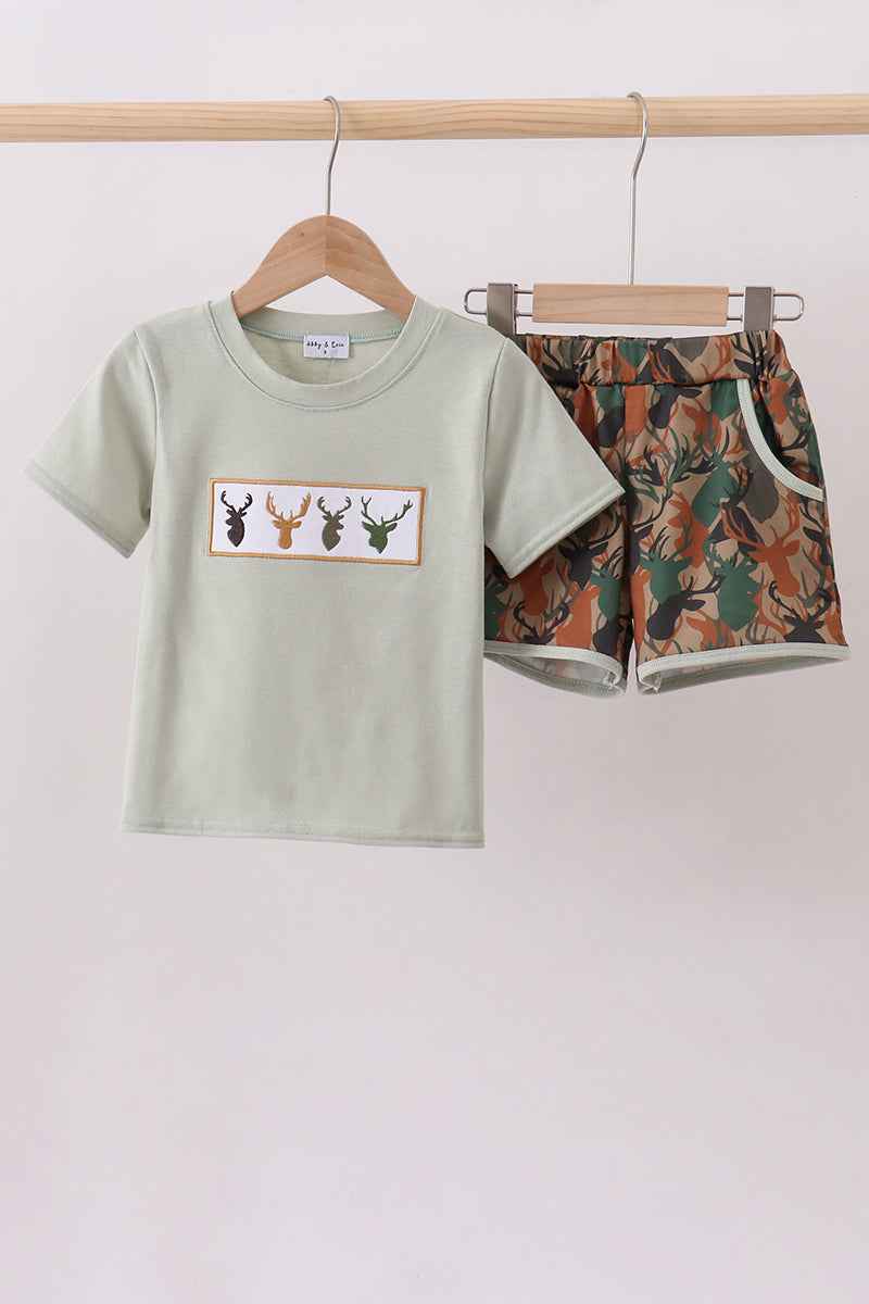 Camouflage deer antler embroidery shorts set - Abbies Place