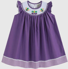 Load image into Gallery viewer, Purple and Gingham Mardi Gras Smocked Dress - Image #1
