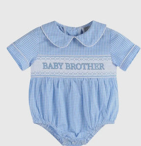 Light Blue Baby Brother Smocked Collared Romper - Image #1