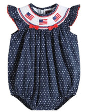 Load image into Gallery viewer, Navy American Flags Smocked Baby and Toddler Romper - Image #1
