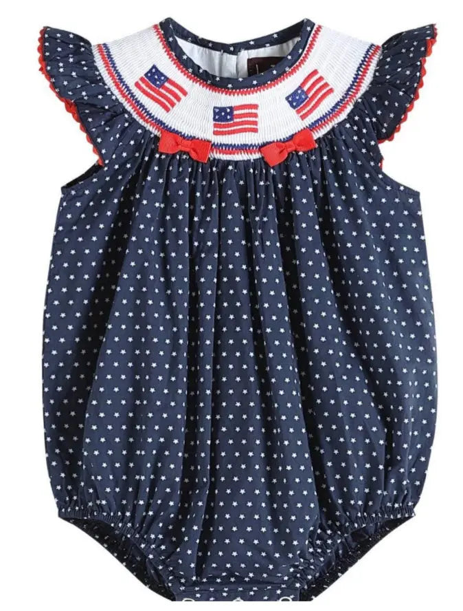 Navy American Flags Smocked Baby and Toddler Romper - Image #1