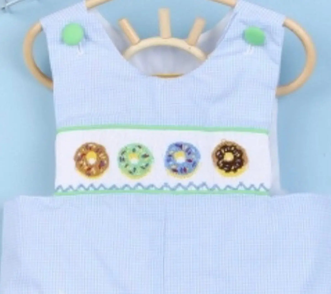 Smocked Donut Boy Baby Blue Shortalls - Image #1