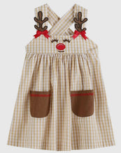 Load image into Gallery viewer, Fawn Brown Gingham Reindeer Pocket Jumper Dress - Image #1
