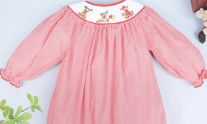 Christmas Deer Smocked Long Gingham Baby Bubble - Image #2