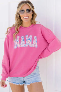 Rose Red Floral MAMA Embroidered Graphic Pullover Sweatshirt - Image #2