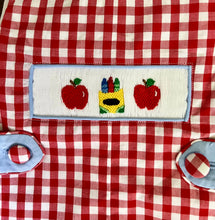 Load image into Gallery viewer, Ready to ship-Back To School Crayons And Apples Hand Smocked Gingham Baby Boys Shortalls - Image #5
