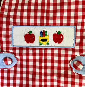 Ready to ship-Back To School Crayons And Apples Hand Smocked Gingham Baby Boys Shortalls - Image #5