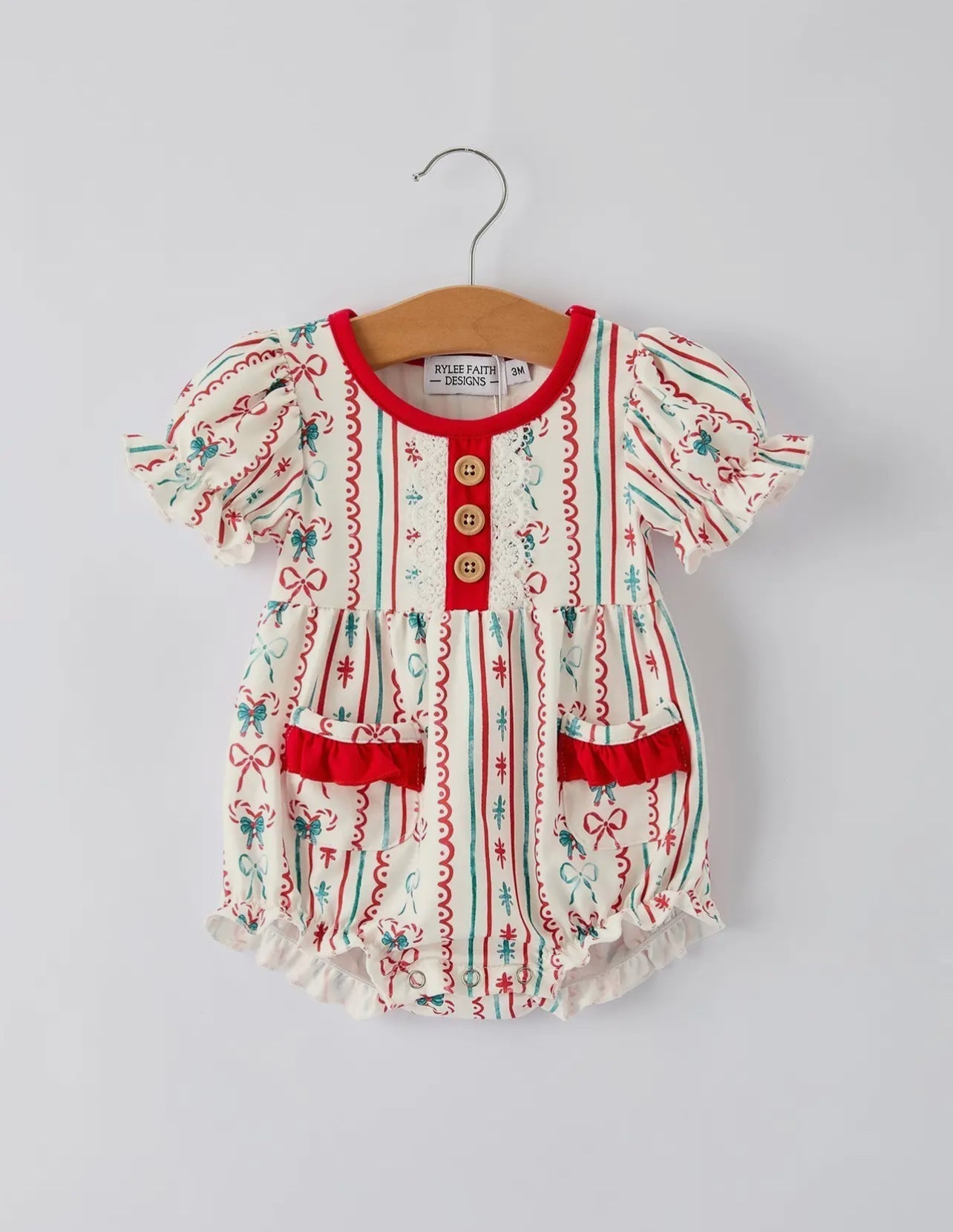 Christmas Baby Girls Romper Stripe Print One-Piece with Ruffle Trim - Abbies Place