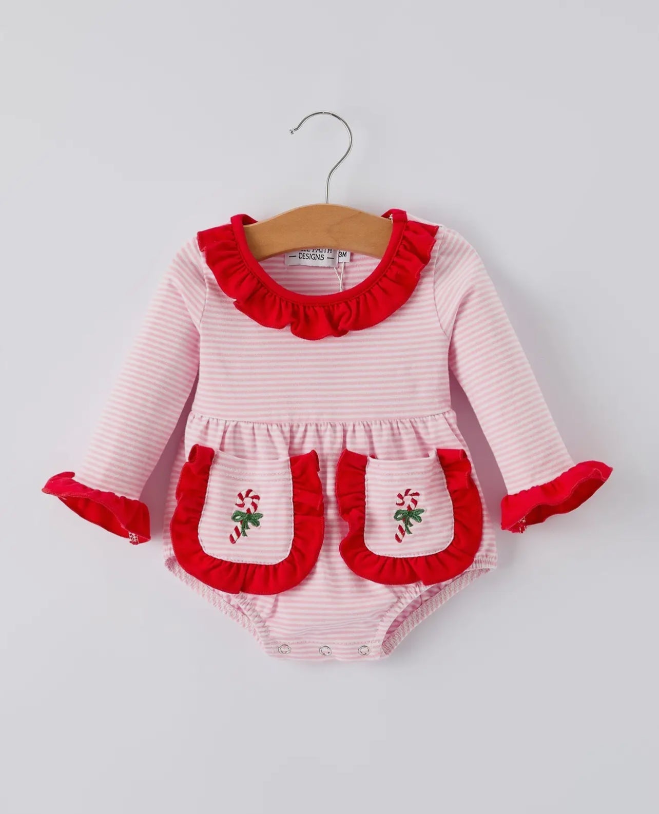 Christmas Candy Cane Embroidery Striped Baby Girl Romper with Pocket Ruffles - Abbies Place