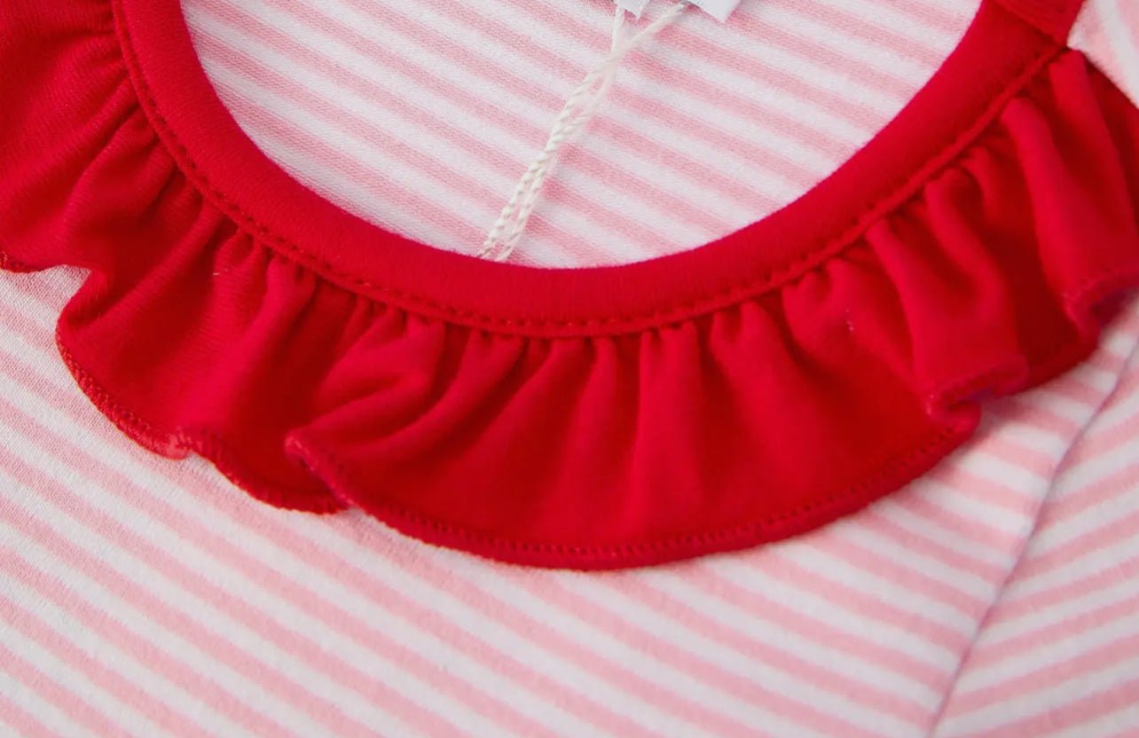 Christmas Candy Cane Embroidery Striped Baby Girl Romper with Pocket Ruffles - Abbies Place