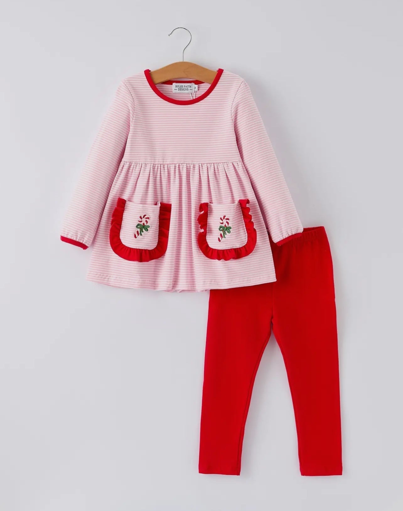 Christmas Candy Cane Embroidery Striped Girl Set with Pocket Ruffles - Abbies Place