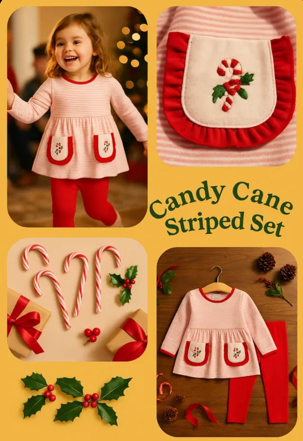 Christmas Candy Cane Embroidery Striped Girl Set with Pocket Ruffles - Abbies Place