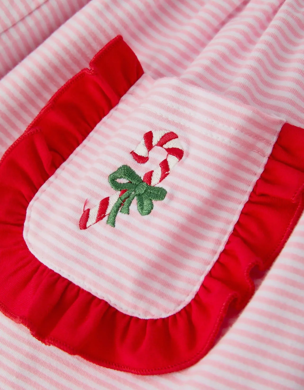 Christmas Candy Cane Embroidery Striped Girl Set with Pocket Ruffles - Abbies Place