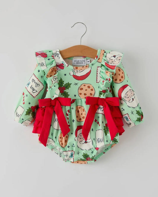 Christmas Santa and Cookie Print Baby Girls Romper with Red Bow Detail - Abbies Place