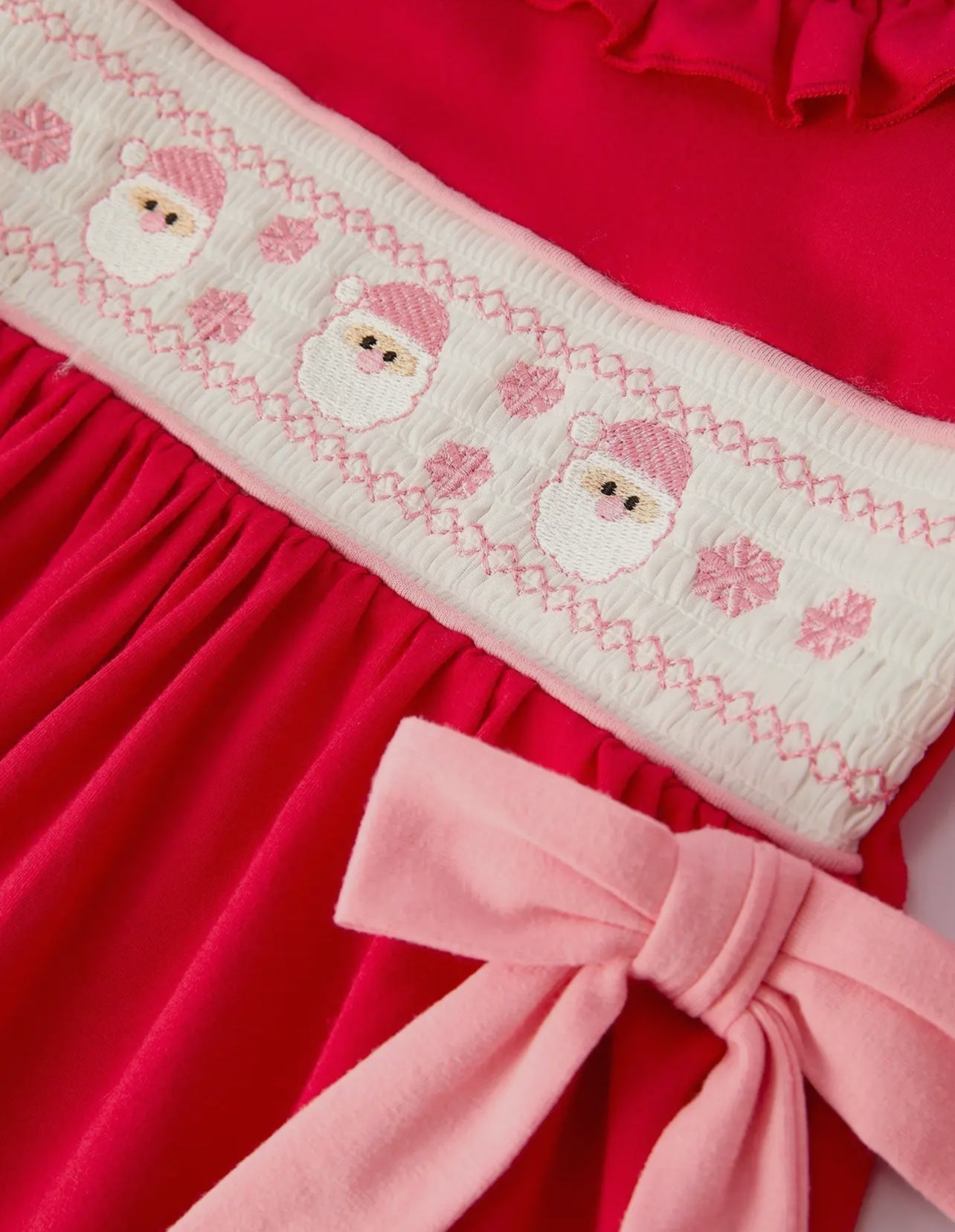 Christmas Smocked Embroidery Girls Dress with Pink Ribbon Ties - Abbies Place