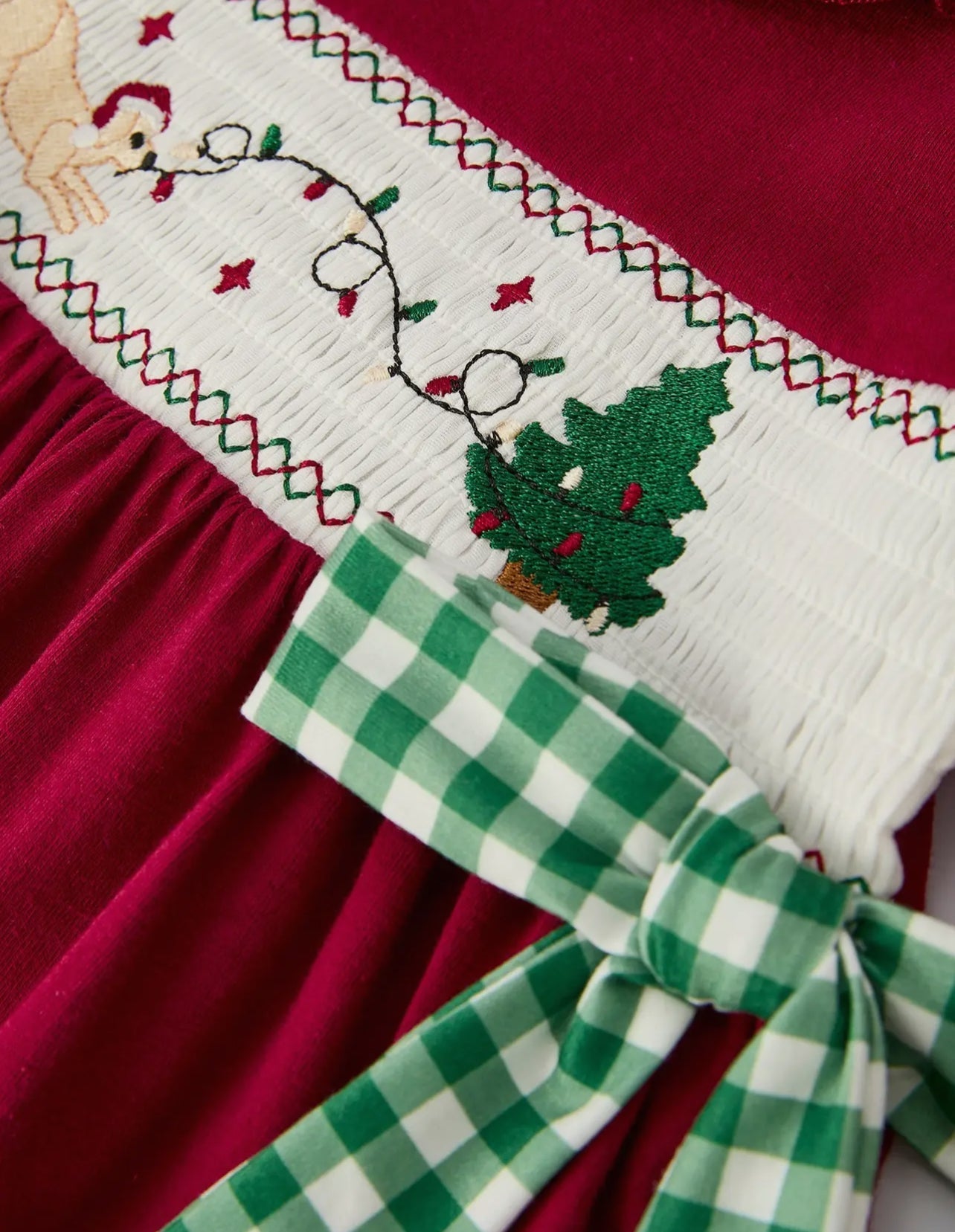 Christmas Smocking Embroidered Girls Dress with Green Plaid Bow - Abbies Place
