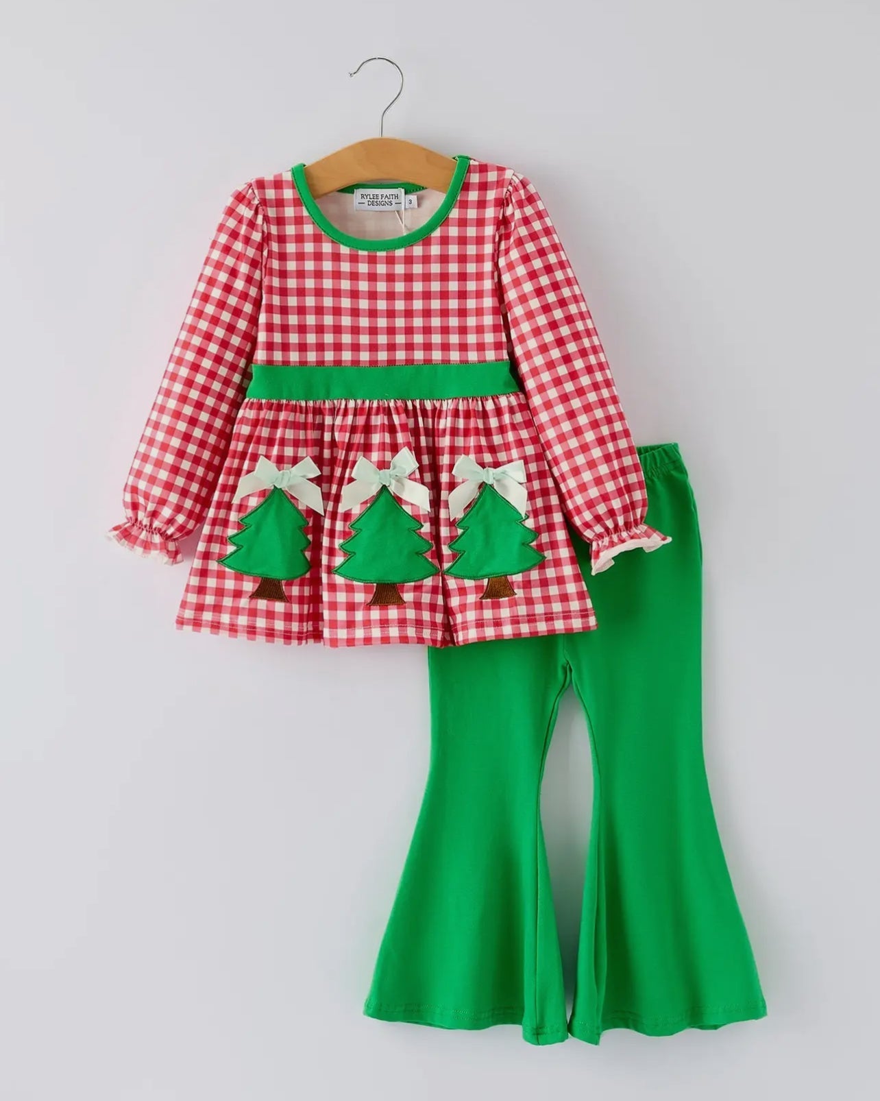 Christmas Tree Applique Red Plaid Top with Green Bell Bottom Pants Girls Set - Abbies Place
