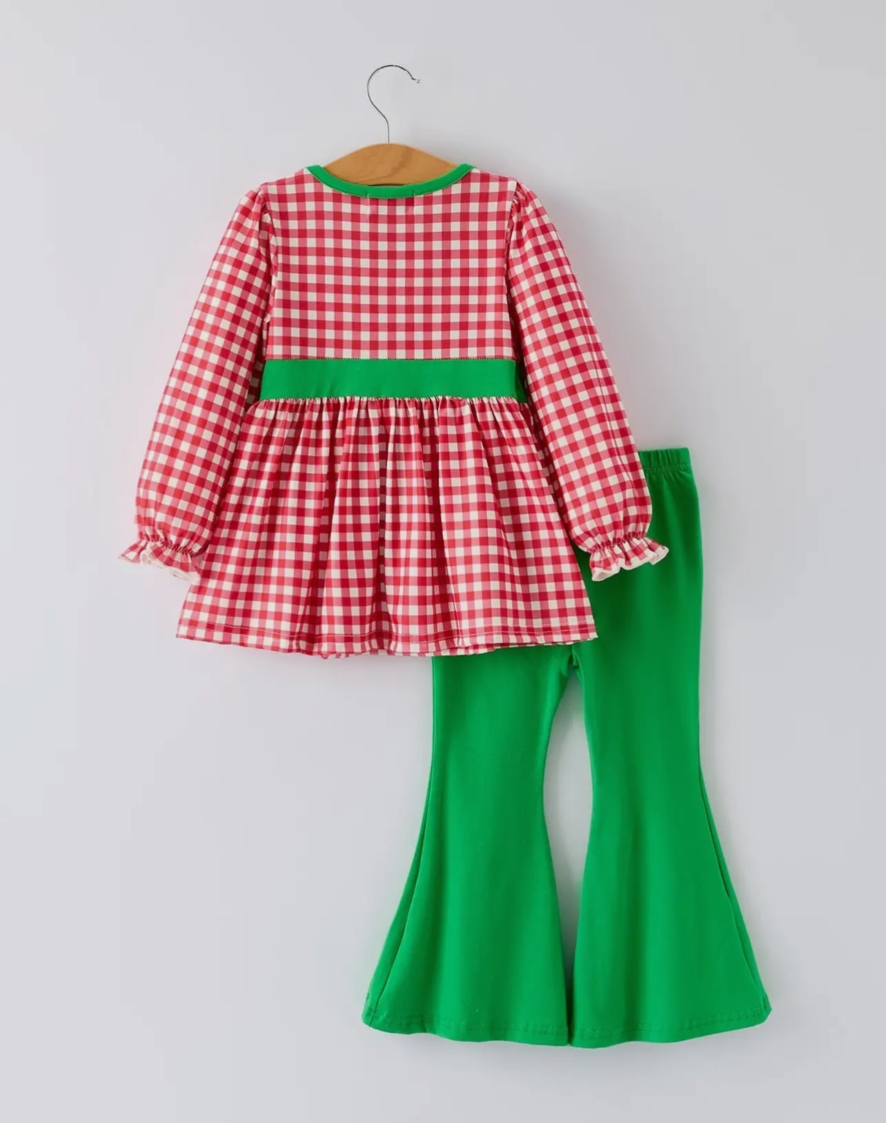 Christmas Tree Applique Red Plaid Top with Green Bell Bottom Pants Girls Set - Abbies Place