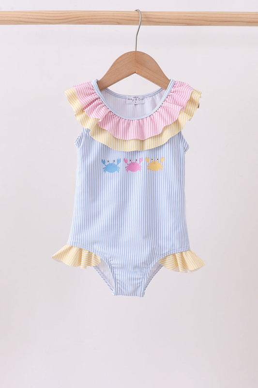 Colorblock crab embroidery ruffle swimsuit - Abbies Place
