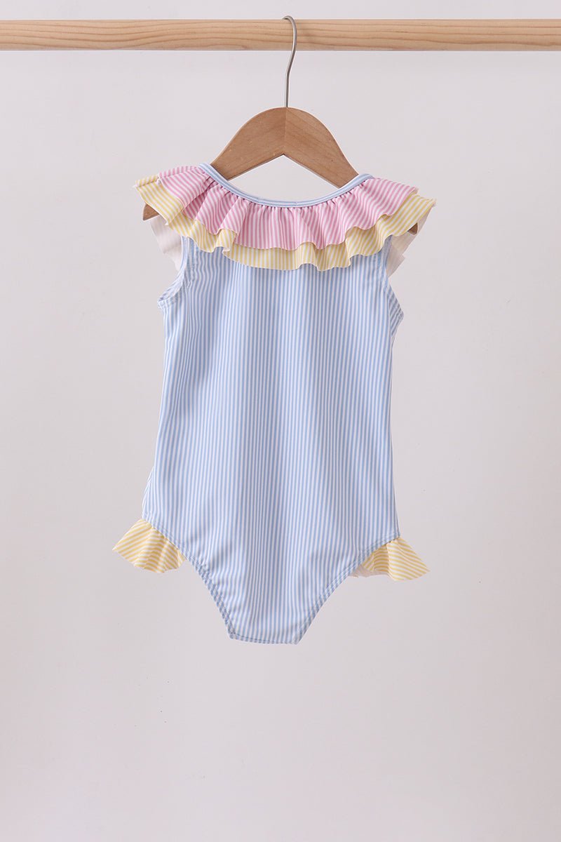 Colorblock crab embroidery ruffle swimsuit - Abbies Place