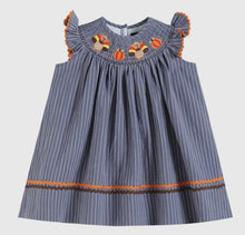 Load image into Gallery viewer, Gray Blue Smocked Turkey and Pumpkins Thanksgiving Dress - Image #1
