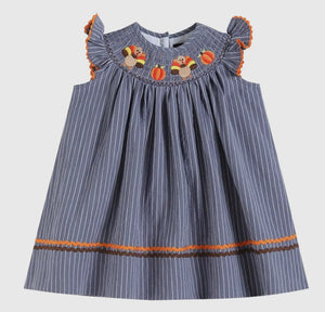 Gray Blue Smocked Turkey and Pumpkins Thanksgiving Dress - Image #1