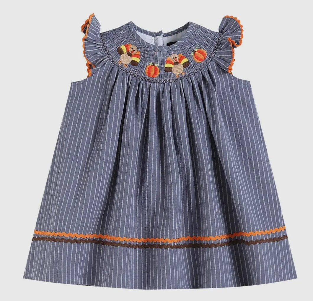 Gray Blue Smocked Turkey and Pumpkins Thanksgiving Dress - Image #1