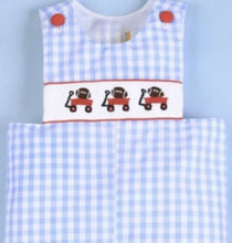 Load image into Gallery viewer, Smocked Ball And Trolley Boy Blue Check Shortalls - Image #1
