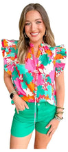 Load image into Gallery viewer, Women  Floral Tie Split Neck Ruffle Trim Blouse - Image #1
