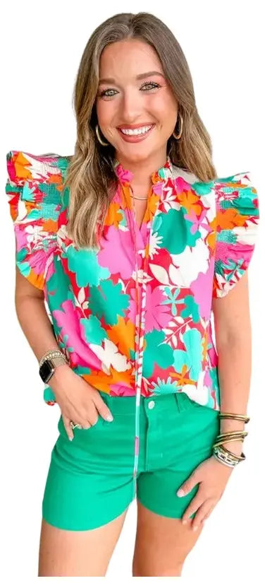 Women  Floral Tie Split Neck Ruffle Trim Blouse - Image #1