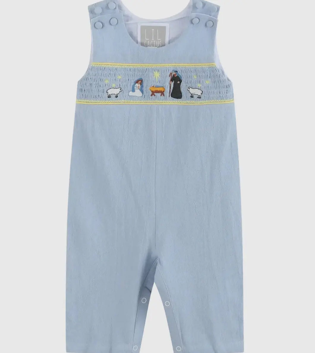 Preorder 8/15-9/15-Light Blue Nativity Smocked Overalls - Image #1