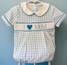 Load image into Gallery viewer, I Love Mom Light Blue Gingham Hand Smocked Boy Bubble - Image #1
