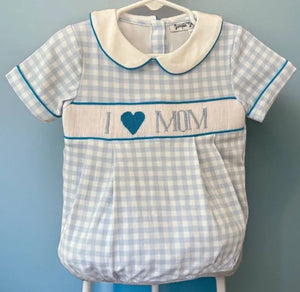 I Love Mom Light Blue Gingham Hand Smocked Boy Bubble - Image #1