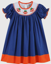 Load image into Gallery viewer, Preorder ETA 7/30-Blue and Orange Football Smocked Bishop Dress - Image #1
