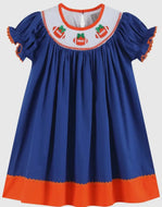 Preorder ETA 7/30-Blue and Orange Football Smocked Bishop Dress - Image #1