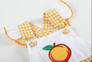 Orange Gingham Peach Applique Ruffle Romper - Image #4