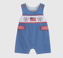 Load image into Gallery viewer, Star Print USA Flag and Fireworks Smocked Shortalls - Image #1
