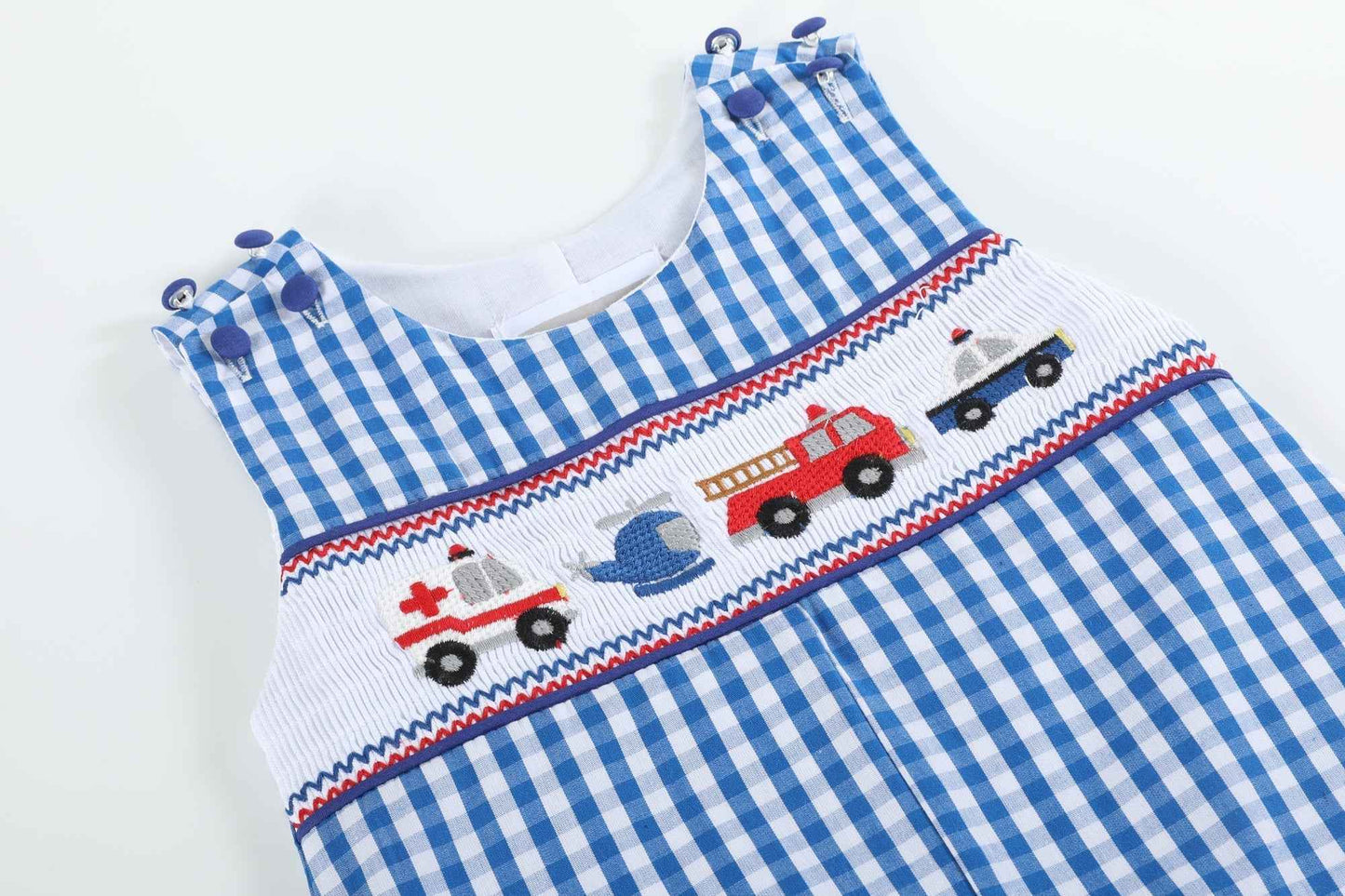 Dark Blue Gingham Emergency Vehicle Smocked Overalls - Abbies Place