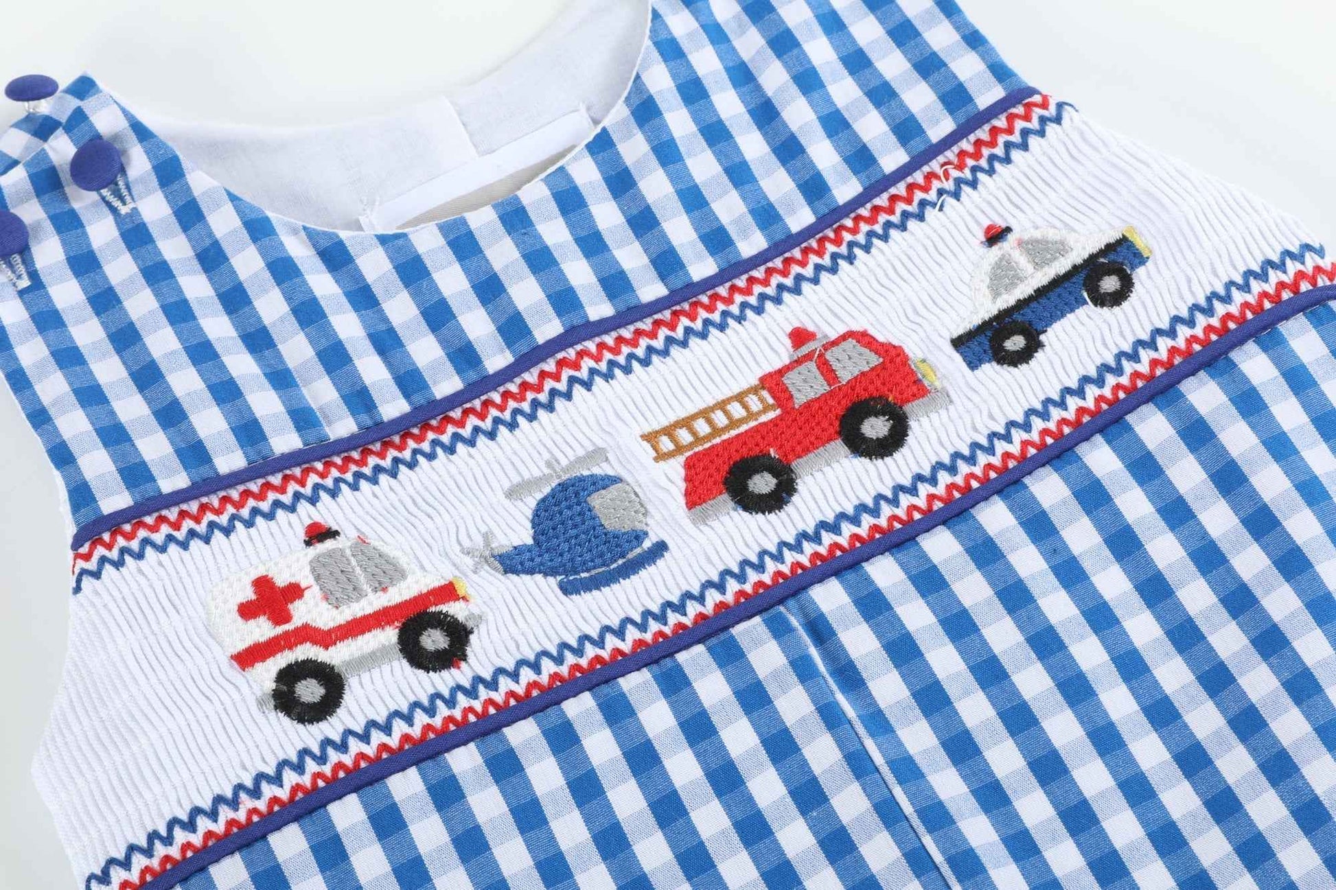 Dark Blue Gingham Emergency Vehicle Smocked Overalls - Abbies Place