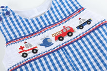 Load image into Gallery viewer, Dark Blue Gingham Emergency Vehicle Smocked Overalls
