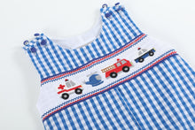 Load image into Gallery viewer, Dark Blue Gingham Emergency Vehicle Smocked Overalls

