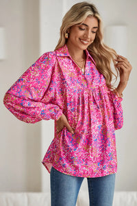 Bonbon Abstract Print Loose Fit Collared V Neck Babydoll Blouse - Image #3