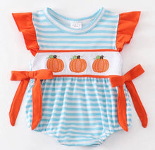 Load image into Gallery viewer, Blue Striped Embroidered Pumpkin Girl Romper - Image #1
