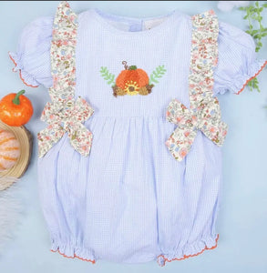 Pumpkin French Knot Embroidery Baby Ruffle Romper - Image #1