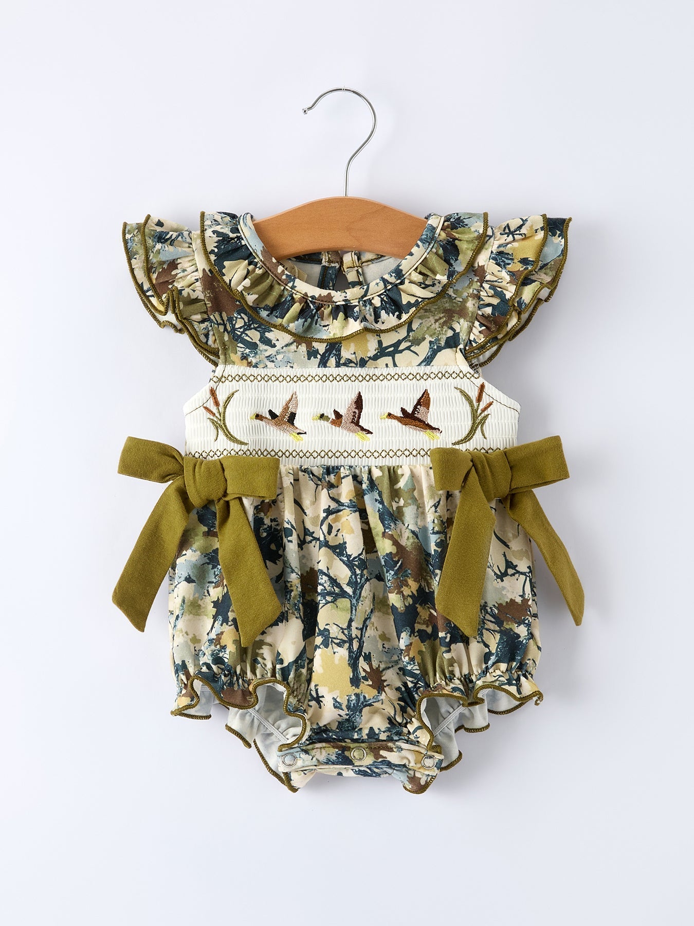 Duck Smocking Embroidery Baby Girls Camouflage Romper - Abbies Place