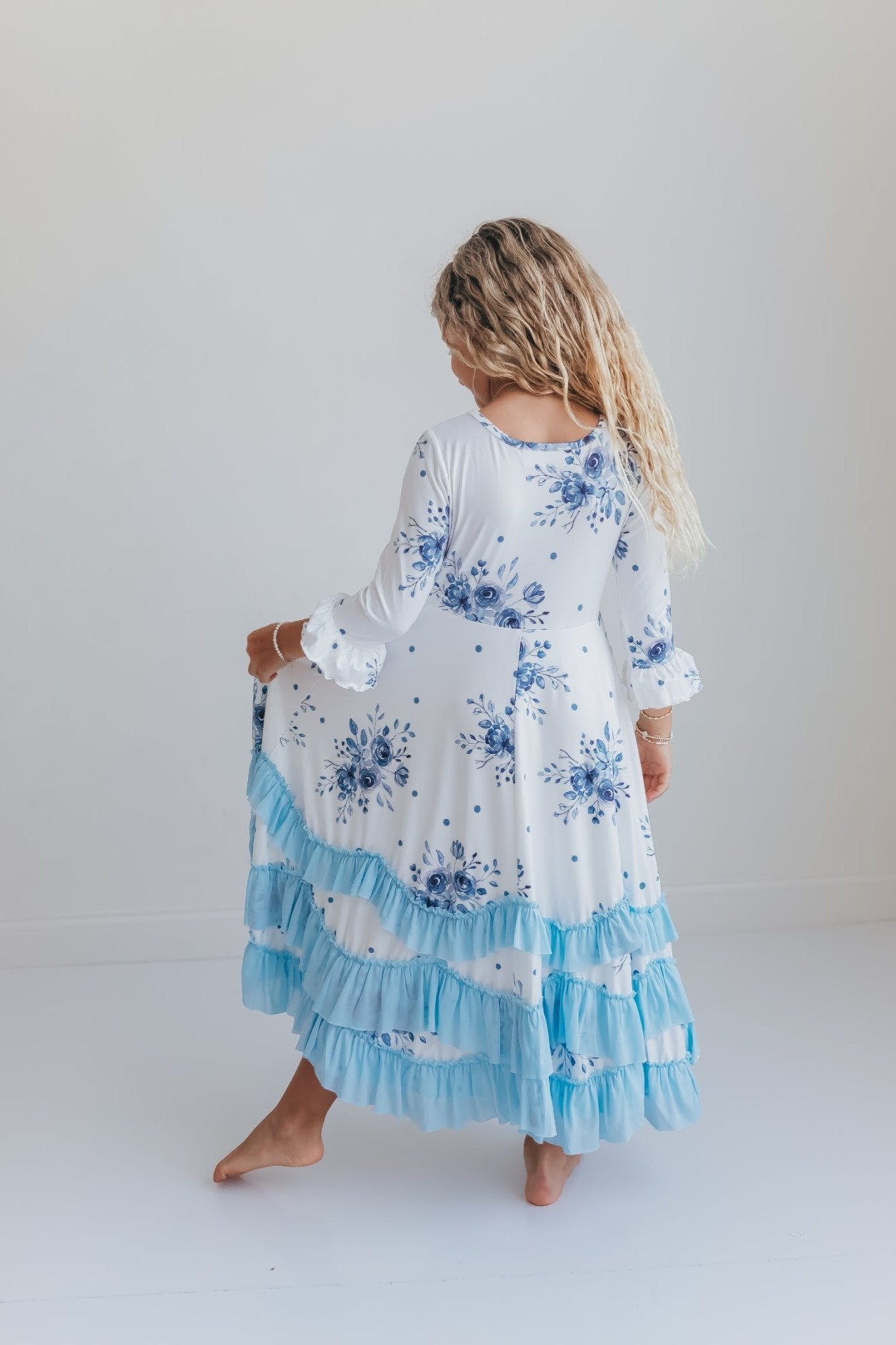 Dusty Blue Floral Ruffles Dress - Abbies Place