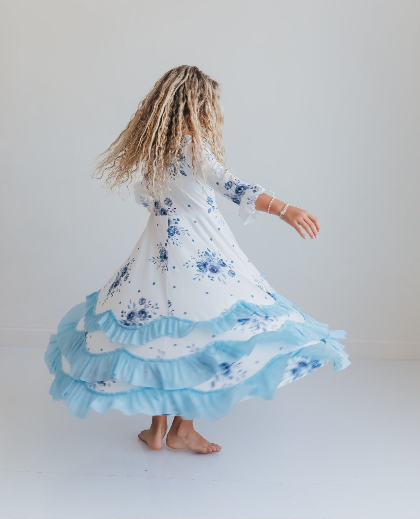 Dusty Blue Floral Ruffles Dress - Abbies Place