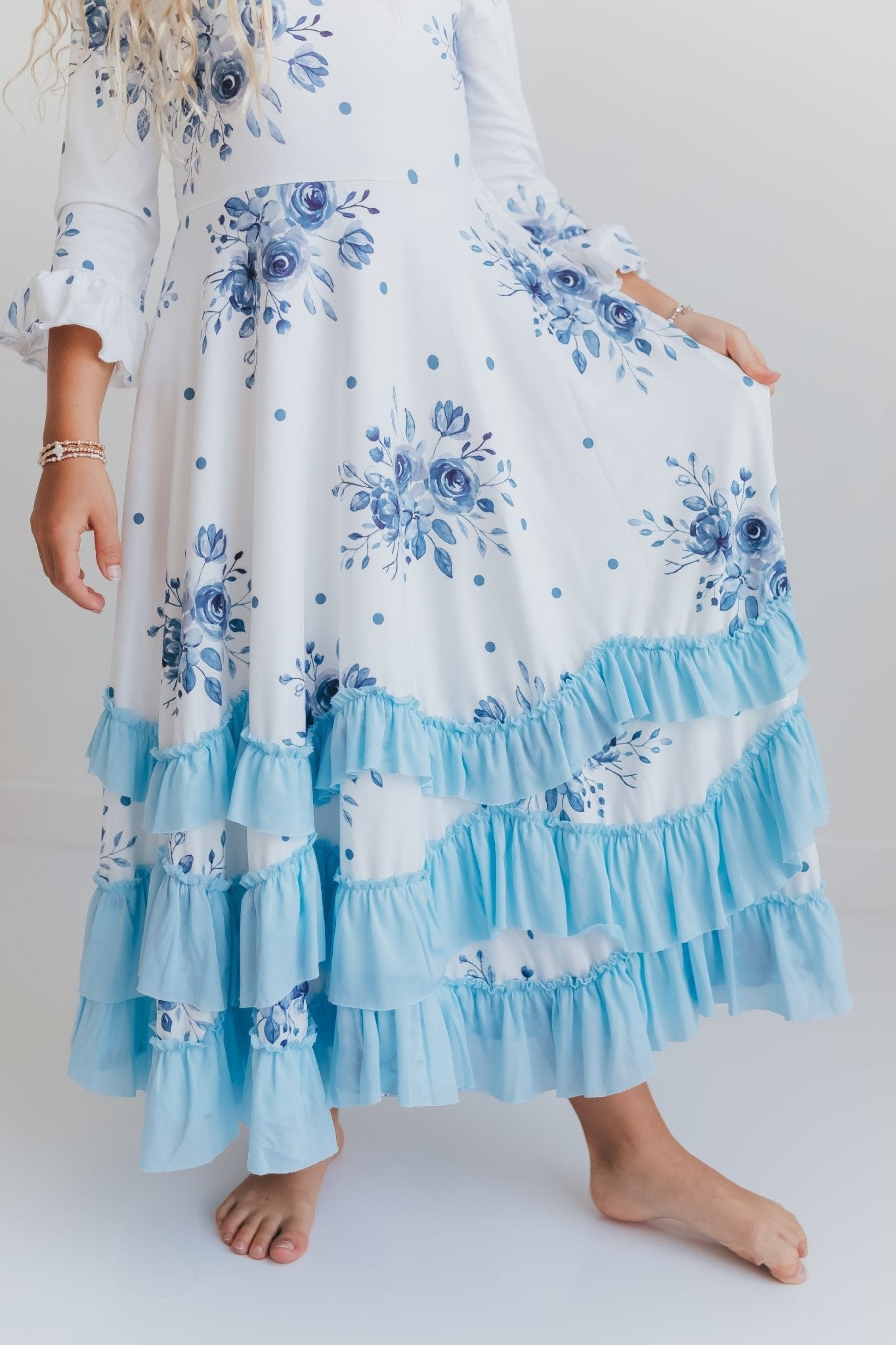 Dusty Blue Floral Ruffles Dress - Abbies Place
