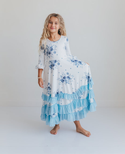 Dusty Blue Floral Ruffles Dress - Abbies Place